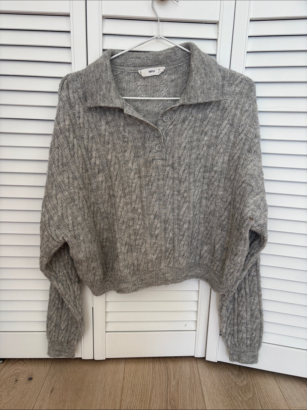 Mango Heather Gray Cropped Cable-Knit Polo Sweater oversized
